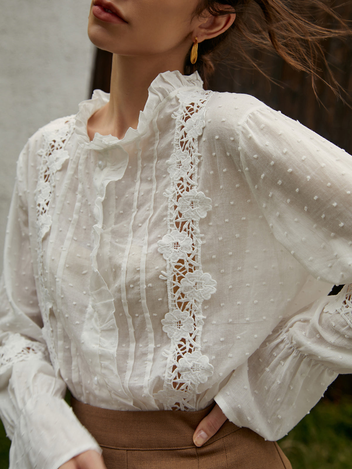 Frenchy Lace Trim Flare Sleeve Shirt