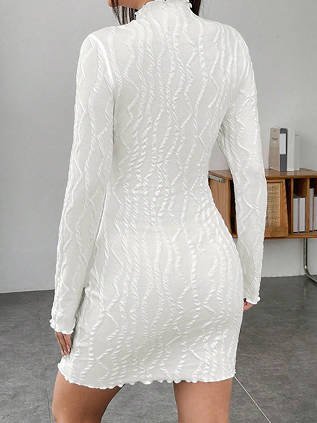 Long Sleeve Mock Neck Ribbed Bodycon Short Dress