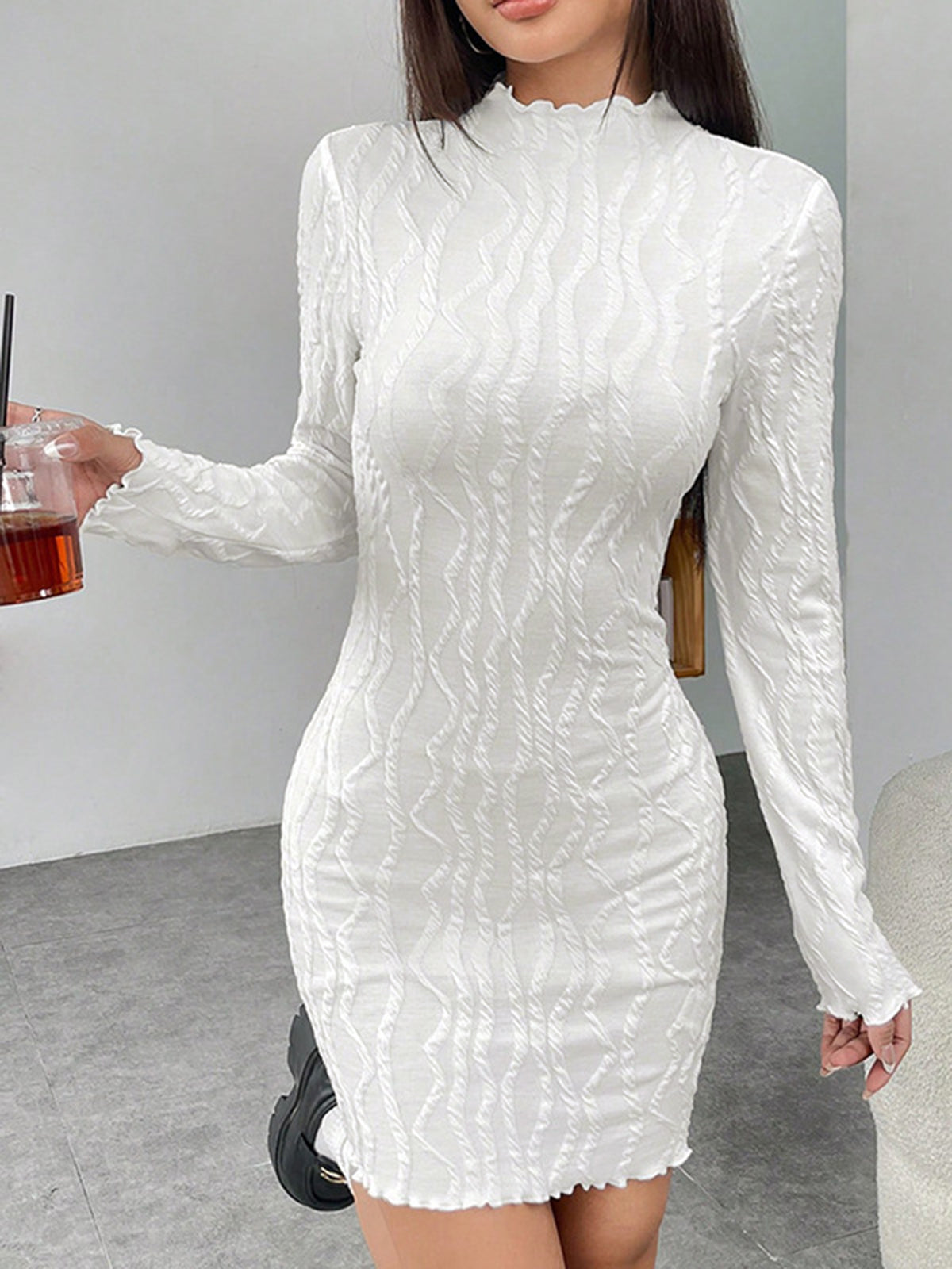 Long Sleeve Mock Neck Ribbed Bodycon Short Dress